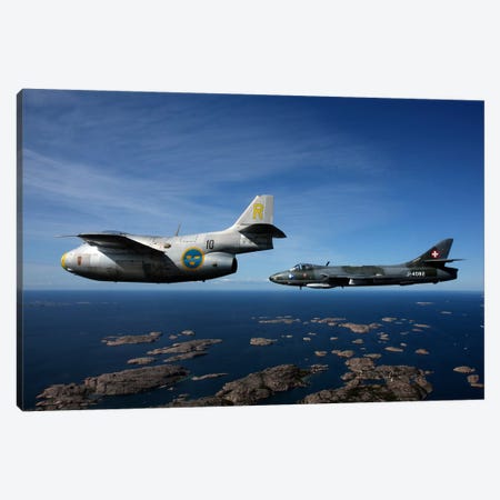 Saab J 29 And Hawker Hunter Vintage Jet Fighters Of The Swedish Air Force Canvas Print #TRK225} by Daniel Karlsson Canvas Art