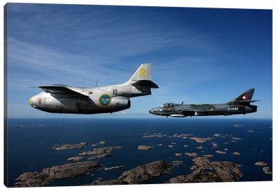 Saab J 29 And Hawker Hunter Vintage Jet Fighters Of The Swedish Air Force Canvas Art Print
