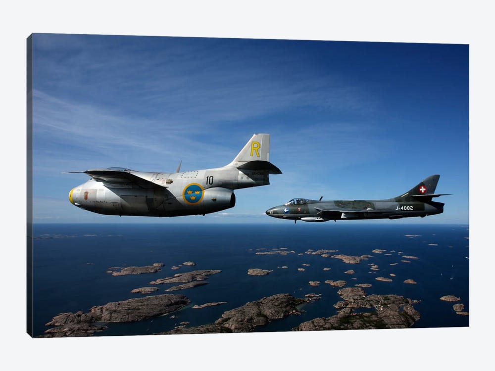 Saab J 29 And Hawker Hunter Vintage Jet Fighters Of The Swedish Air Force by Daniel Karlsson 1-piece Canvas Print