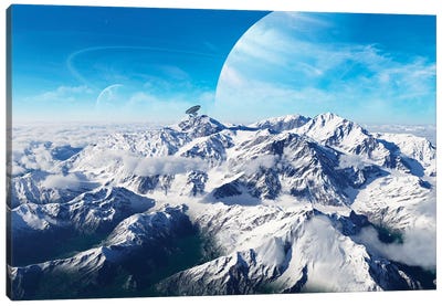 A Gas Giant Rises In The Distance Over A Massive Slumbering Volcano Canvas Art Print