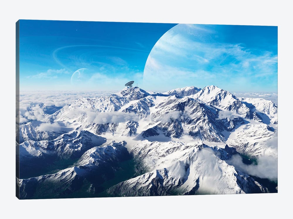 A Gas Giant Rises In The Distance Over A Massive Slumbering Volcano 1-piece Canvas Print