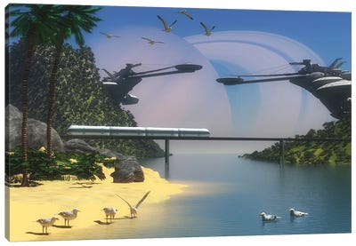 A Futuristic, Tropical Paradise Colony On Enceladus, One Of Saturn'S Moons Canvas Art Print - Corey Ford
