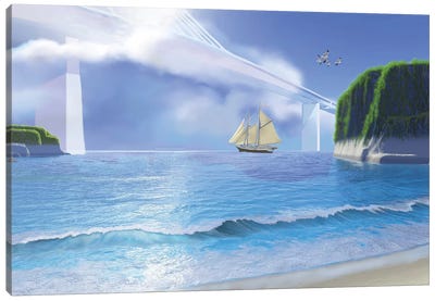 A Ketch Sails Underneath A Very High Modern Bridge Canvas Art Print - Corey Ford