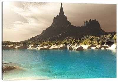 A Mountain Spire Overlooking The Turquoise Waters Of A Sea Inlet Canvas Art Print - Corey Ford