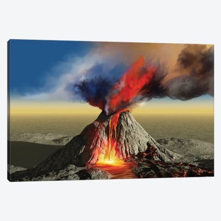 An Active Volcano Belches Smoke And Molten Red Lava In An Eruption Canvas Print #TRK2297} by Corey Ford Canvas Wall Art