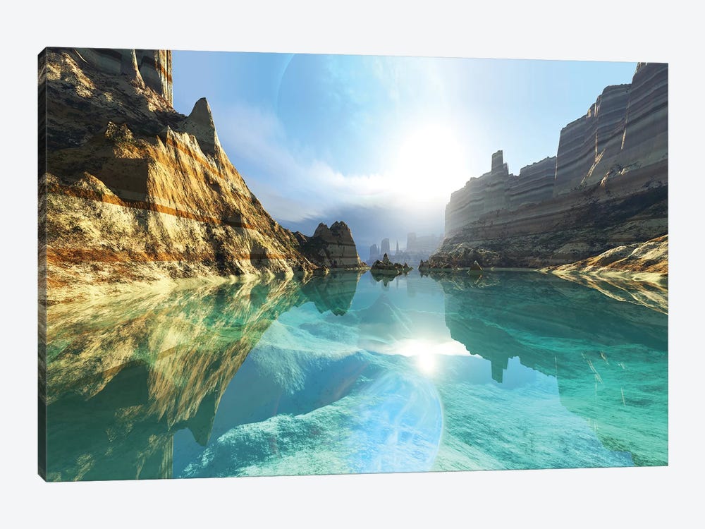 Clear Canyon River Waters Reflect The Alien Planet In The Sky 1-piece Canvas Artwork