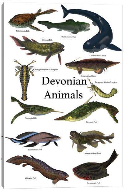 Poster Of Prehistoric Animals During The Devonian Period Canvas Art Print - Franklin Delano Roosevelt