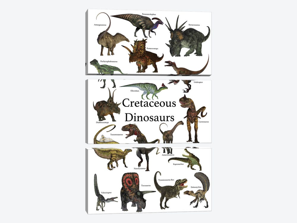 Poster Of Prehistoric Dinosaurs During The Cretaceous Period by Corey Ford 3-piece Canvas Print