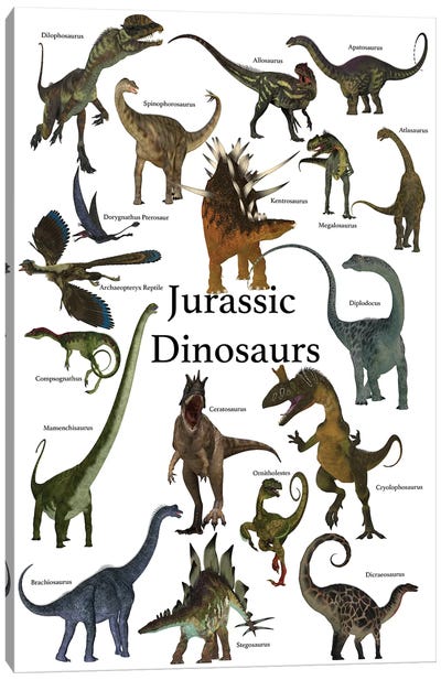Poster Of Prehistoric Dinosaurs During The Jurassic Period Canvas Art Print - Franklin Delano Roosevelt