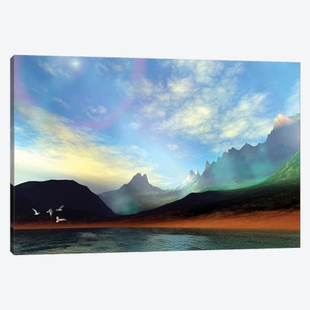 Seagulls Fly Near A Beautiful Island With A Rainbow In The Sky Canvas Print #TRK2327} by Corey Ford Canvas Wall Art