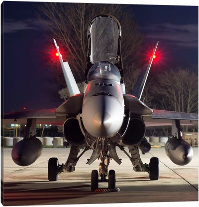 A Royal Canadian Air Force CF-188 Hornet Preparing For A Night Takeoff From Romania II Canvas Art Print