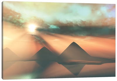 Sunrays Shine Down On Three Pyramids Along The Nile River On The Giza Plateau Canvas Art Print - Corey Ford