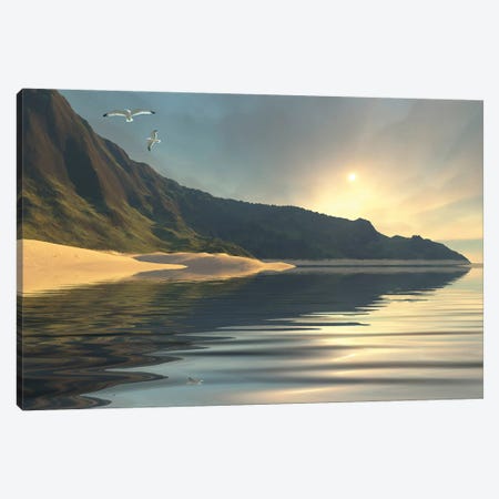 The Sun Sets On A Beautiful Mountainside And Shoreline Canvas Print #TRK2347} by Corey Ford Canvas Artwork