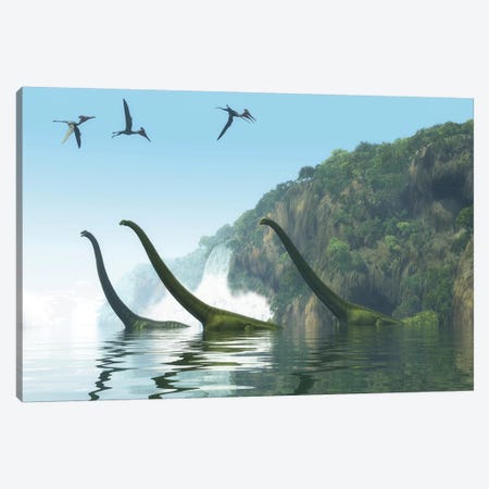 Two Adult Mamenchisaurus Dinosaurs Escort A Youngster Across A River Canvas Print #TRK2354} by Corey Ford Canvas Art Print