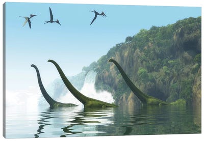 Two Adult Mamenchisaurus Dinosaurs Escort A Youngster Across A River Canvas Art Print - Corey Ford
