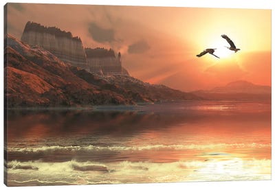 Two Bald Eagles Fly Along A Mountainous Coastline At Sunset Canvas Art Print - Corey Ford