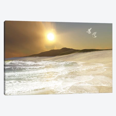 Two White Doves Fly Over Waves Coming To Shore On A Remote Beach Canvas Print #TRK2362} by Corey Ford Art Print