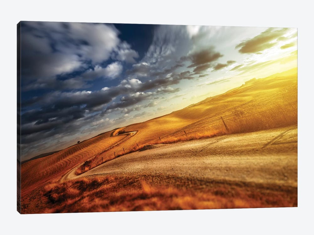 A Country Road In Field At Sunset Against Moody Sky, Tuscany, Italy. by Evgeny Kuklev 1-piece Art Print