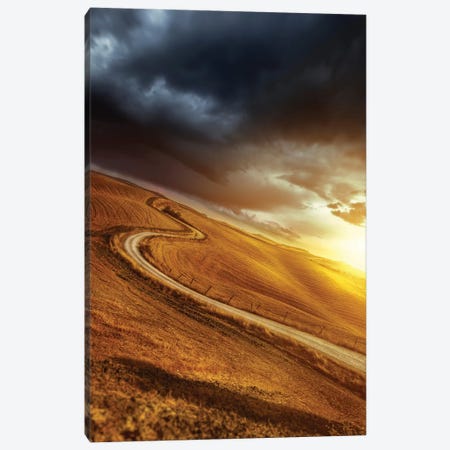A Country Road In Field At Sunset Against Stormy Clouds, Tuscany, Italy. Canvas Print #TRK2380} by Evgeny Kuklev Canvas Art Print