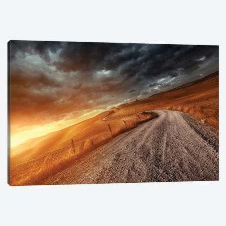 A Country Road In Field At Sunset Against Stormy Clouds, Tuscany, Italy. Canvas Print #TRK2381} by Evgeny Kuklev Canvas Print