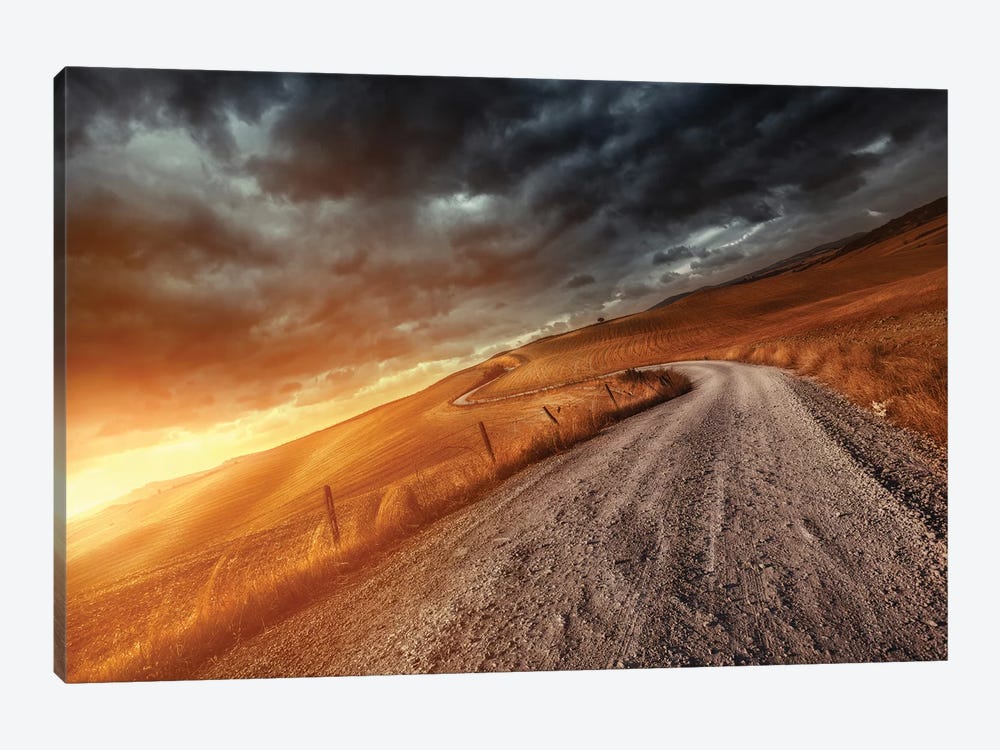 A Country Road In Field At Sunset Against Stormy Clouds, Tuscany, Italy. 1-piece Canvas Artwork