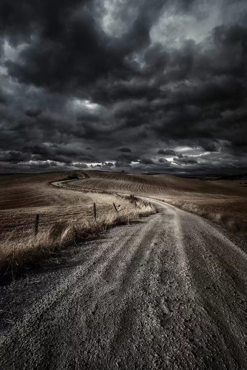 A Country Road In Field With Stormy Sky Above, Tuscany, Italy.