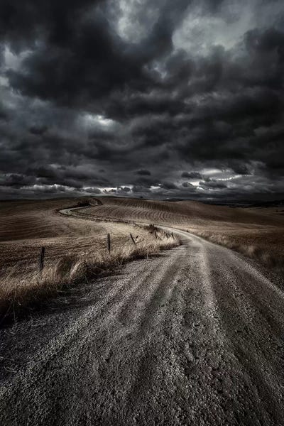 Evgeny Kuklev: A Country Road In Field With Stormy Sky Above, Tuscany, Italy. by Evgeny Kuklev