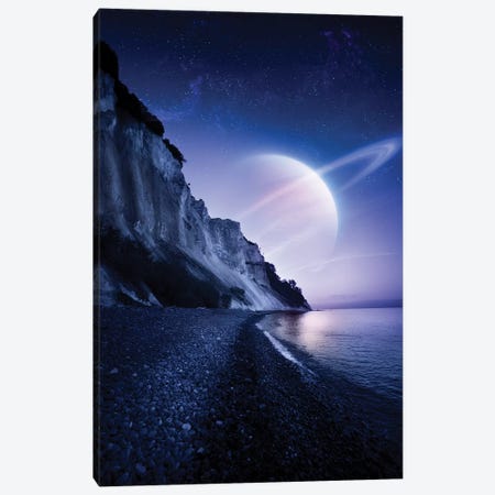 A Saturn-Like Planet Hovers Over A Tranquil Sea And Mons Klint Cliffs, Denmark. Canvas Print #TRK2399} by Evgeny Kuklev Canvas Wall Art