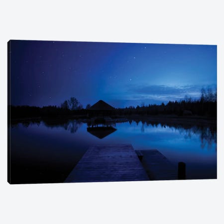 A Small Pier In A Lake Against Starry Sky, Moscow Region, Russia. Canvas Print #TRK2401} by Evgeny Kuklev Canvas Wall Art