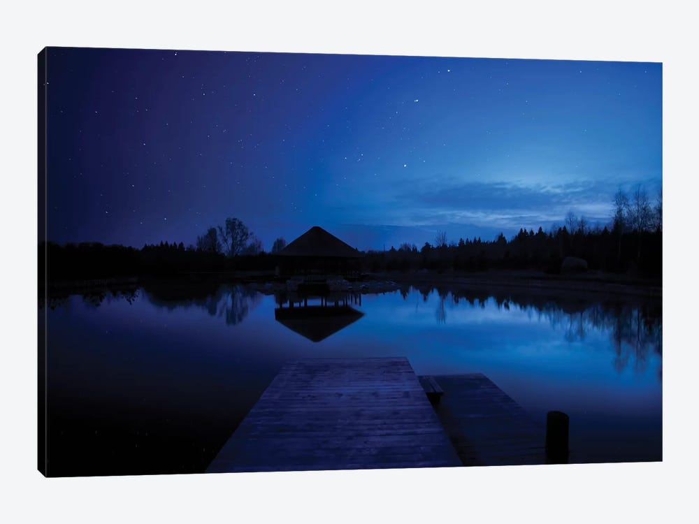 A Small Pier In A Lake Against Starry Sky, Moscow Region, Russia. by Evgeny Kuklev 1-piece Art Print
