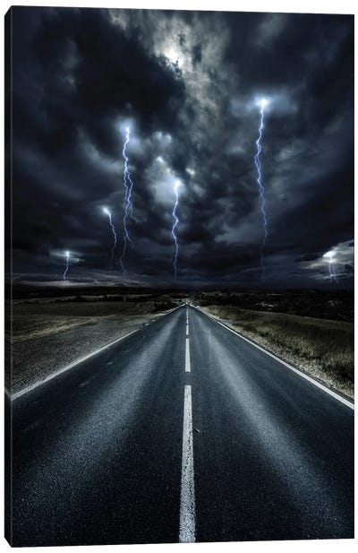 An Asphalt Road With Stormy Sky Above, Tuscany, Italy. Canvas Art Print - Stocktrek Images