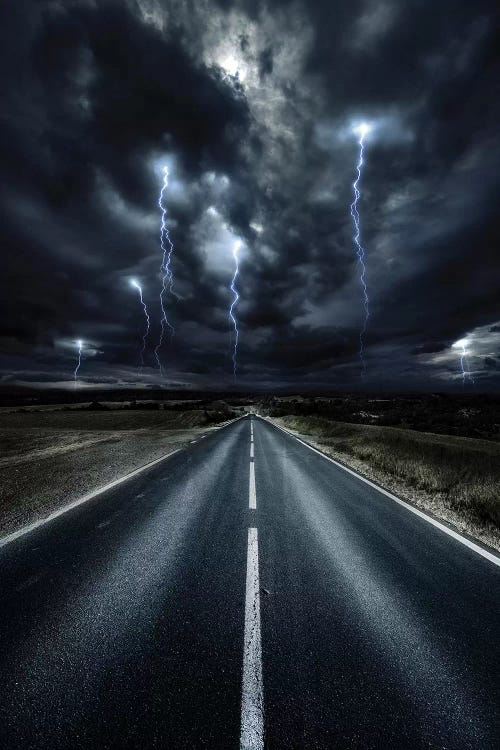 An Asphalt Road With Stormy Sky Above, Tuscany, Italy.