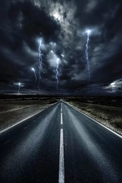 Evgeny Kuklev: An Asphalt Road With Stormy Sky Above, Tuscany, Italy. by Evgeny Kuklev