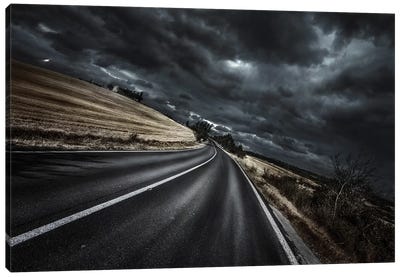 An Asphalt Road With Stormy Sky Above, Tuscany, Italy. Canvas Art Print - Stocktrek Images