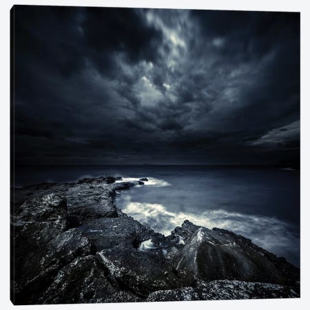 Black Rocks Protruding Through Rough Seas With Stormy Clouds, Crete, Greece. Canvas Print #TRK2428} by Evgeny Kuklev Canvas Wall Art