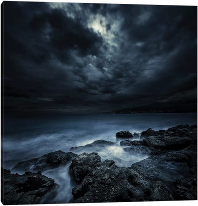 Black Rocks Protruding Through Rough Seas With Stormy Clouds, Crete, Greece. Canvas Art Print