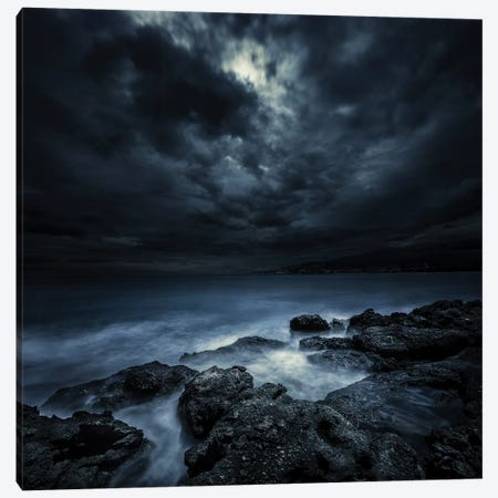 Black Rocks Protruding Through Rough Seas With Stormy Clouds, Crete, Greece. Canvas Print #TRK2429} by Evgeny Kuklev Canvas Art