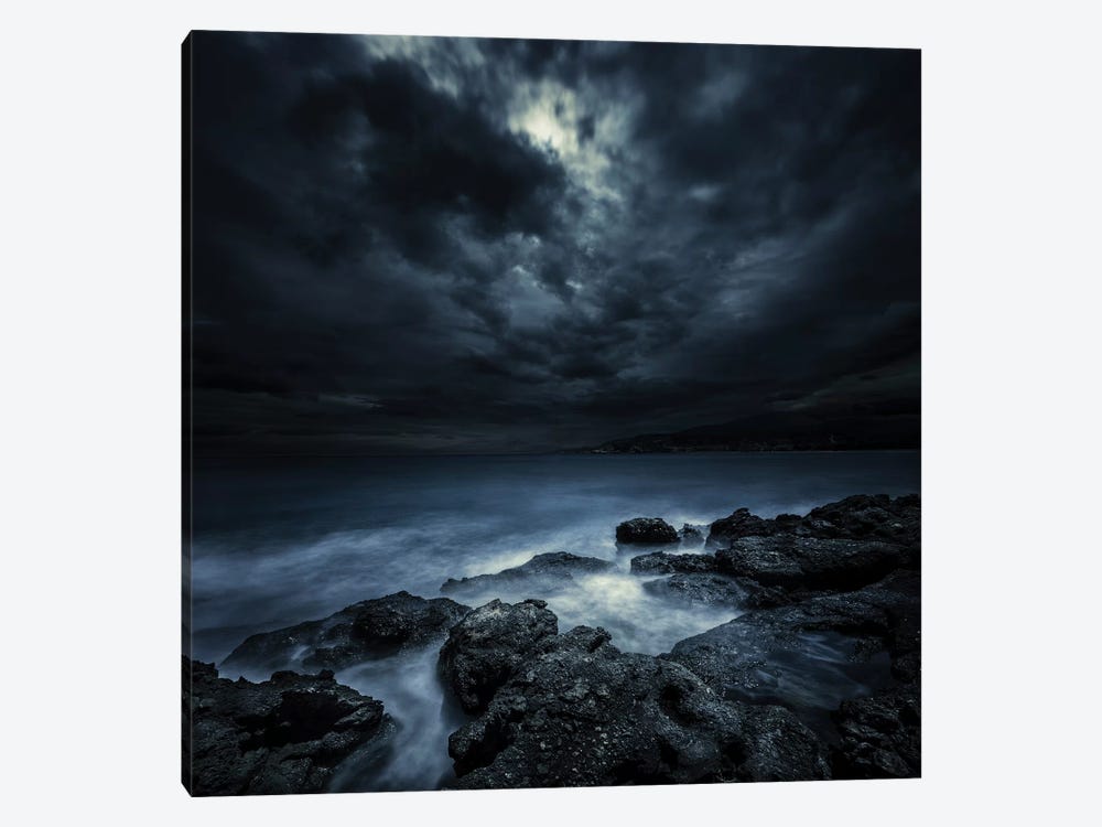 Black Rocks Protruding Through Rough Seas With Stormy Clouds, Crete, Greece. by Evgeny Kuklev 1-piece Canvas Art Print