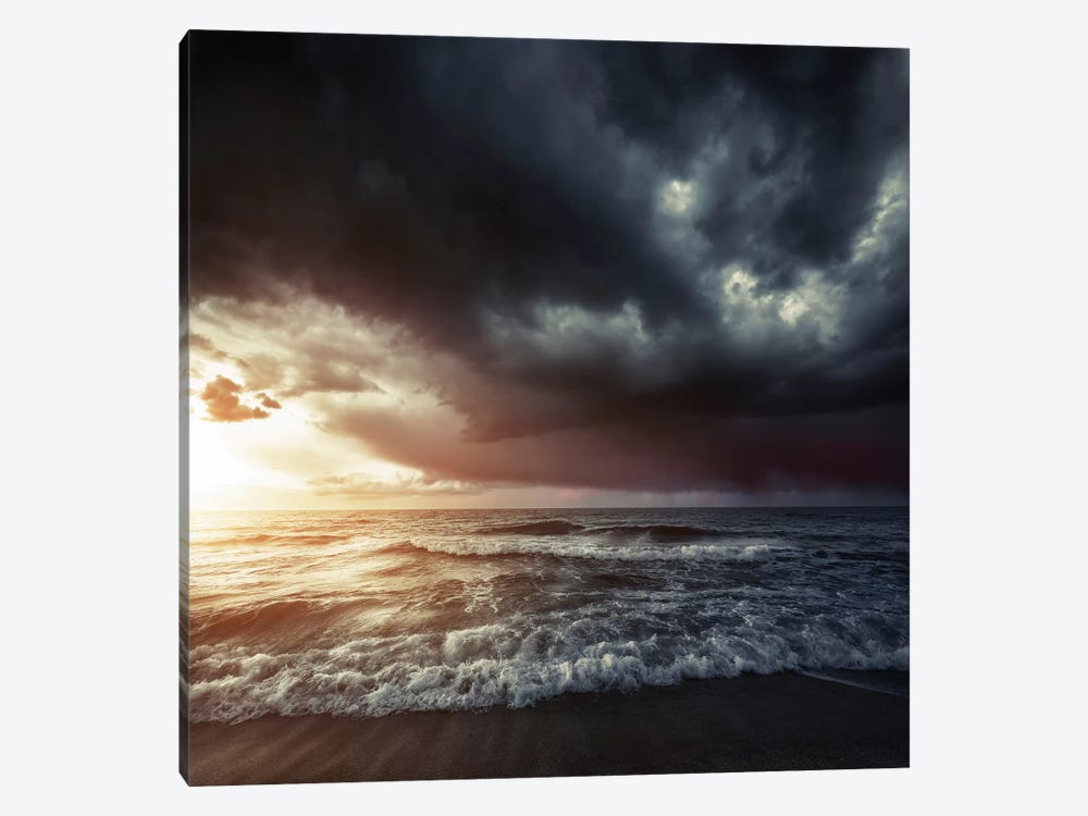 Bright Sunset Against A Wavy Sea With Stormy Clouds, Hersonissos, Crete. 1-piece Canvas Wall Art