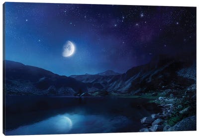 Lake And Mountains At Night Against Starry Sky, Pirin National Park, Bulgaria. Canvas Art Print - Stocktrek Images - Astronomy & Space Collection