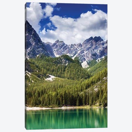 Lake Braies And Dolomite Alps, Northern Italy. Canvas Print #TRK2456} by Evgeny Kuklev Canvas Artwork