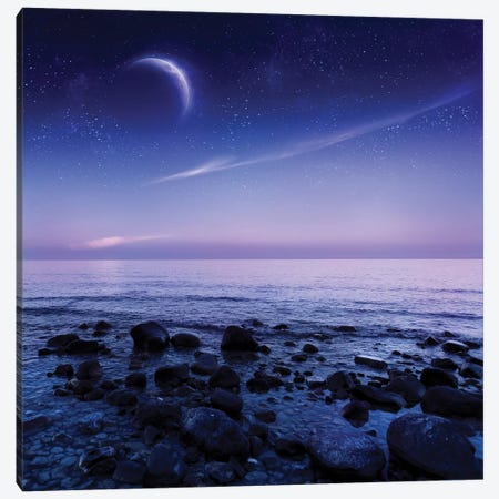 Moon Rising Over Rocky Seaside Against Starry Sky. Canvas Print #TRK2473} by Evgeny Kuklev Art Print