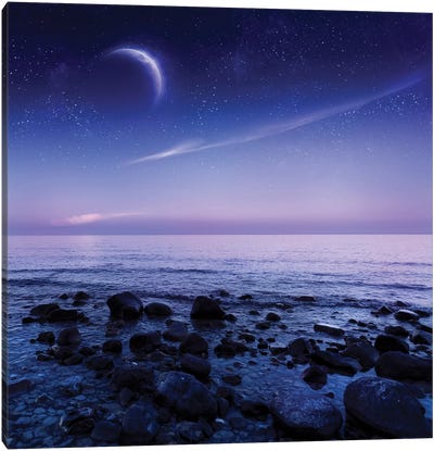 Moon Rising Over Rocky Seaside Against Starry Sky. Canvas Art Print - Evgeny Kuklev