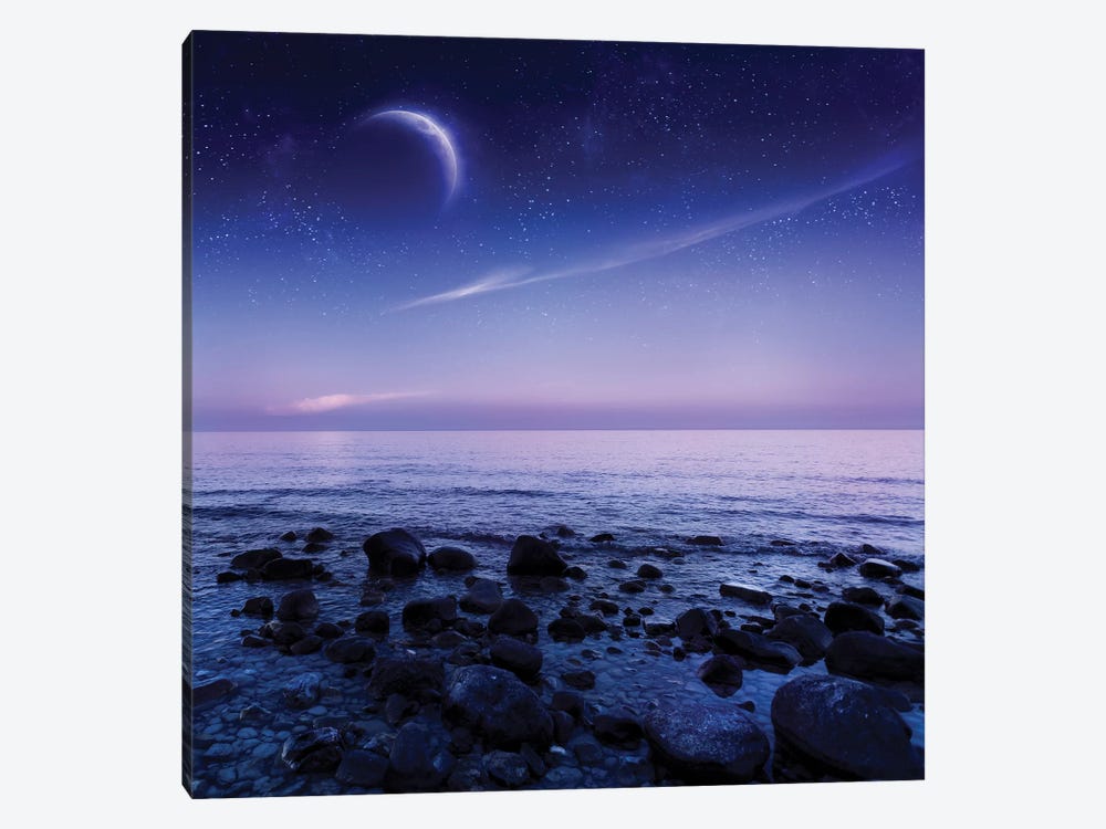 Moon Rising Over Rocky Seaside Against Starry Sky. by Evgeny Kuklev 1-piece Canvas Artwork