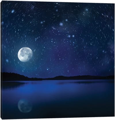 Moon Rising Over Tranquil Lake Against Starry Sky. Canvas Art Print - Evgeny Kuklev