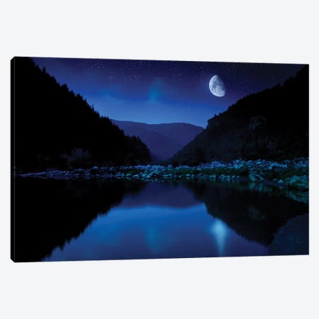 Moon Rising Over Tranquil Lake And Forest Against Starry Sky, Bulgaria. Canvas Print #TRK2477} by Evgeny Kuklev Canvas Artwork