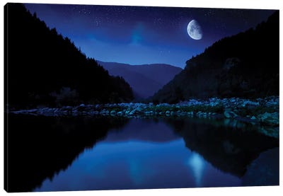 Moon Rising Over Tranquil Lake And Forest Against Starry Sky, Bulgaria. Canvas Art Print - Evgeny Kuklev