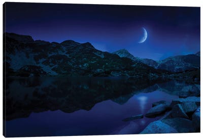 Moon Rising Over Tranquil Lake And Mountains In Pirin National Park, Bulgaria. Canvas Art Print - Evgeny Kuklev