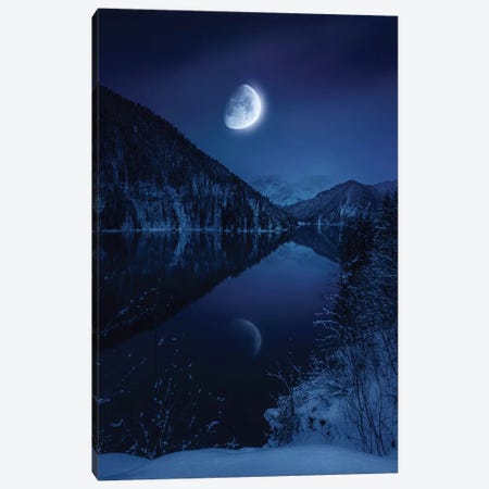Moon Rising Over Tranquil Lake In Misty Mountains. Canvas Print #TRK2479} by Evgeny Kuklev Art Print