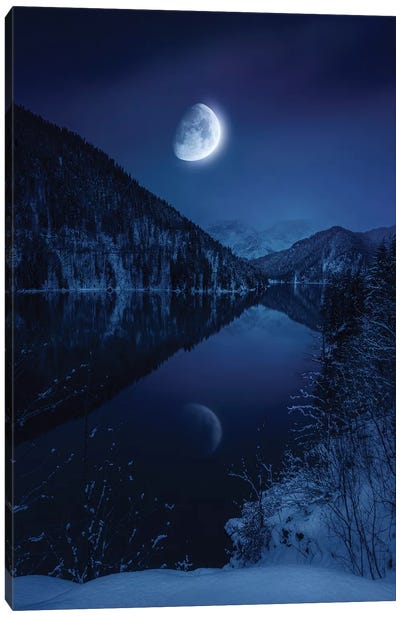 Moon Rising Over Tranquil Lake In Misty Mountains. Canvas Art Print - Evgeny Kuklev